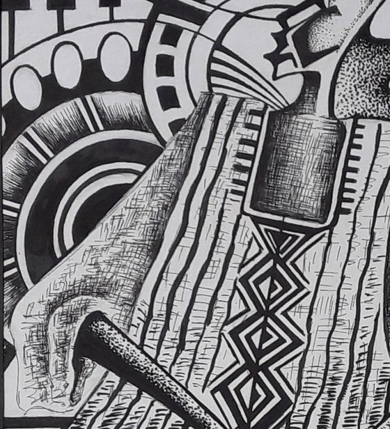 African Drummer pen and ink drawing