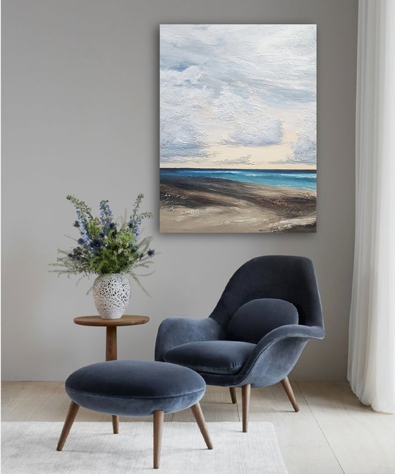 Serenity, 60*80cm, acrylic abstract landscape painting on canvas, blue grey brown, home decor wall art
