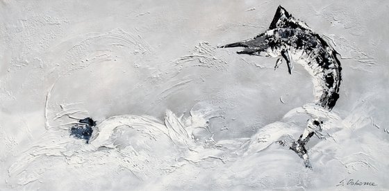 OCEAN SURPRISE. Large Gray Abstract Painting of Fish Jumping out of the Water