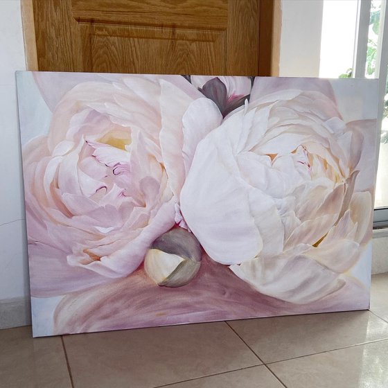 OIL PAINTING WITH WHITE PEONIES "AROMA” 70/100 cm