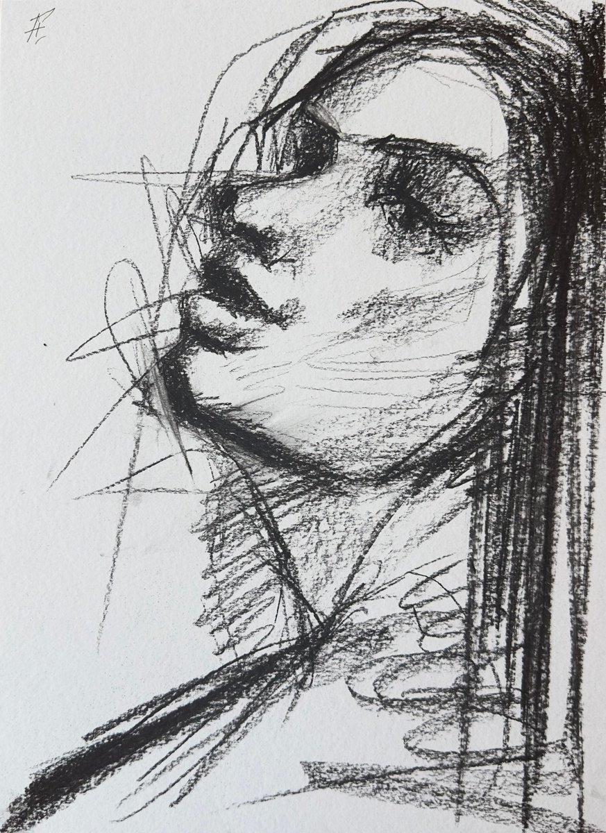 Portrait Charcoal Drawing By Nikola Gulev, 12 X 17", "Silent Aspiration", Original Artwork