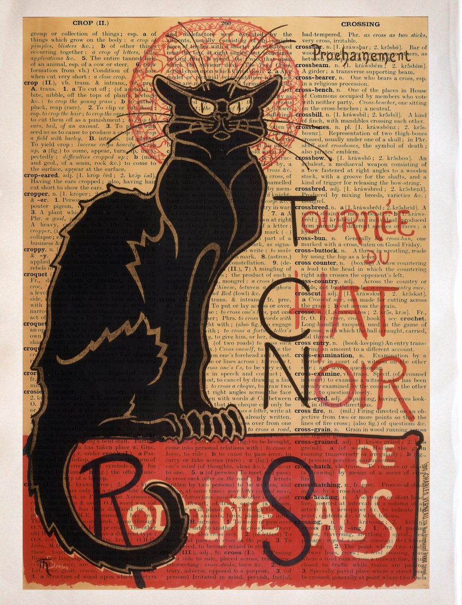 Cabaret du Chat Noir - Collage Art Print on Large Real English Dictionary Vintage Book Pag... by Jakub DK - JAKUB D KRZEWNIAK