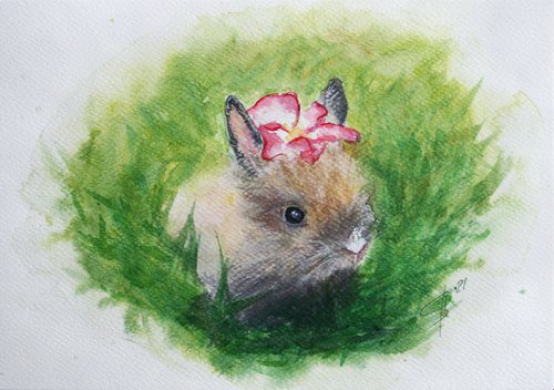 Baby Bunny  - Animal portrait /  ORIGINAL PAINTING by Salana Art Gallery
