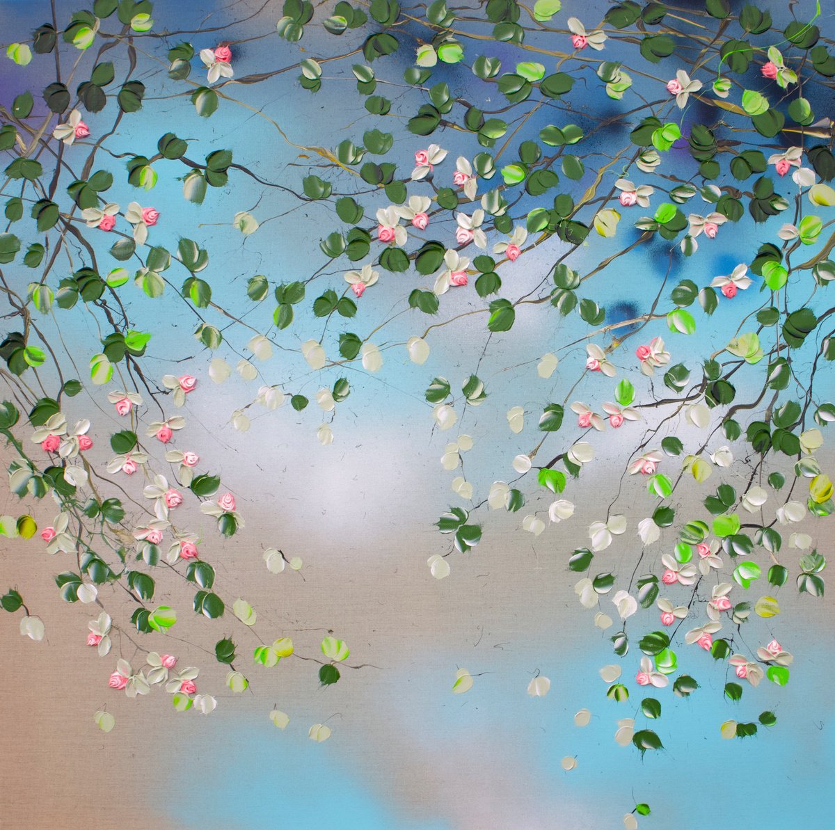 Impressionistic Botanical Acrylic Painting By Anastassia Skopp, 39 X 39, Wild Roses Ii - , Original Artwork