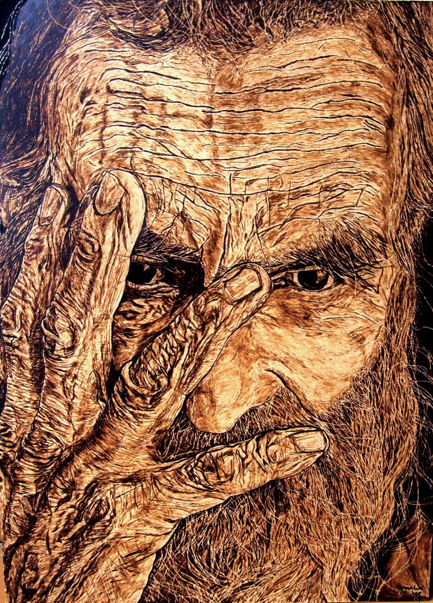 Expressive Portrait Painting By Milis Pyrography, 20 X 27", Expectation, Original Artwork