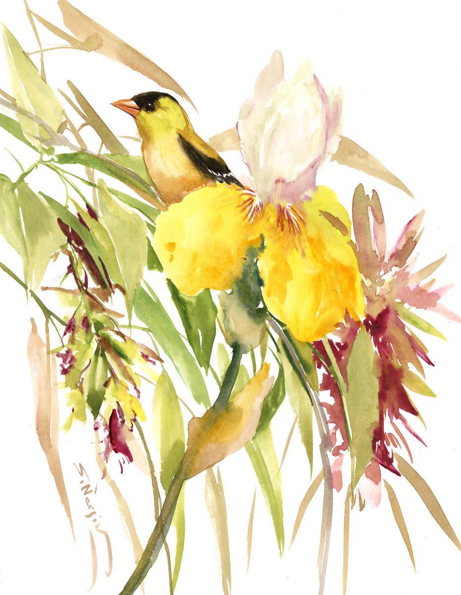 American Goldfinch and Flowers by Suren Nersisyan