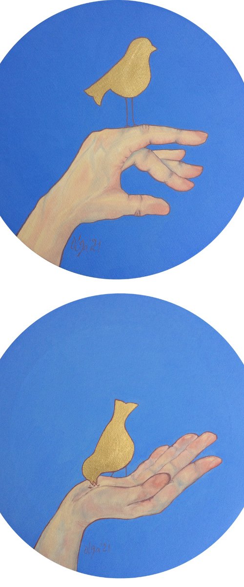 Golden rules of Life. I accept and I thank - Diptych round mixed media paintings by Olga Ivanova