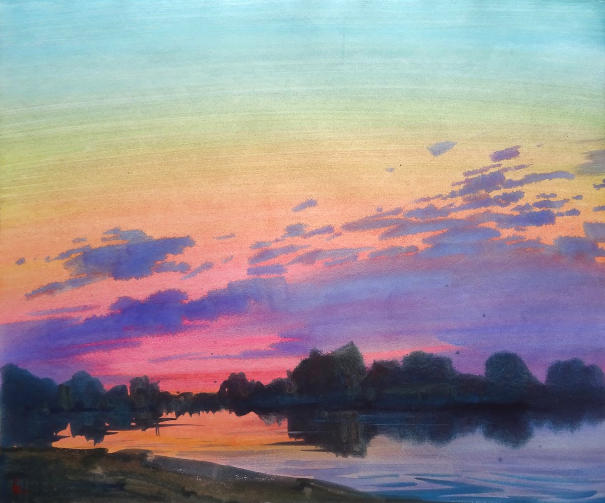 Impressionistic Landscape Watercolour By Maksym Kisilov, 23 X 19", "Evening Silence", Original Artwork