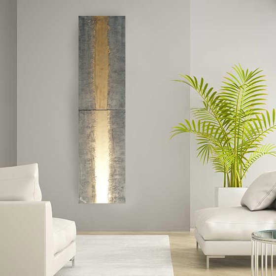 gold stripe & steel long painting A719 50x200x2 cm decor Vertical original abstract art Large paintings stretched canvas acrylic art industrial metallic textured wall art