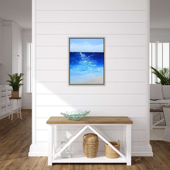 Sailing Boats Seascape Painting. Beach, Ocean, Sea Waves, Sky with Clouds. Coastal Decor Art.