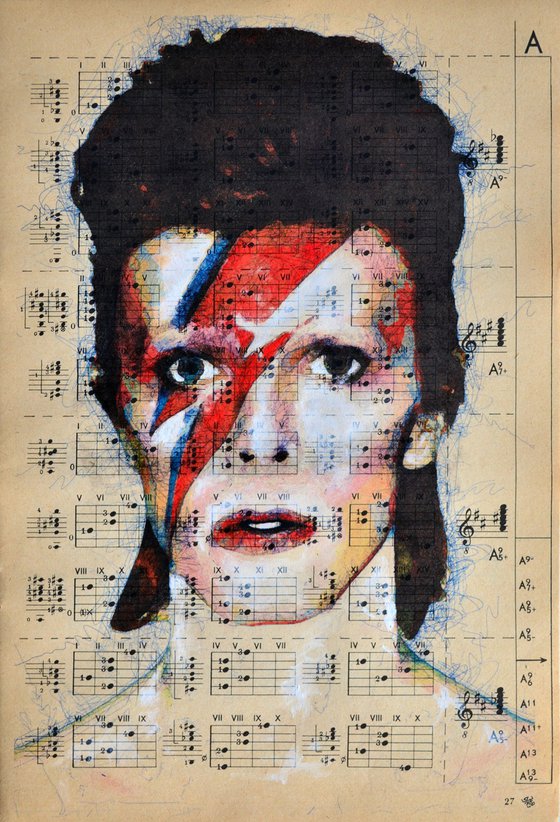 David Bowie Ziggy Stardust - Collage Art on Real Vintage Sheet of Guitar Chords Page