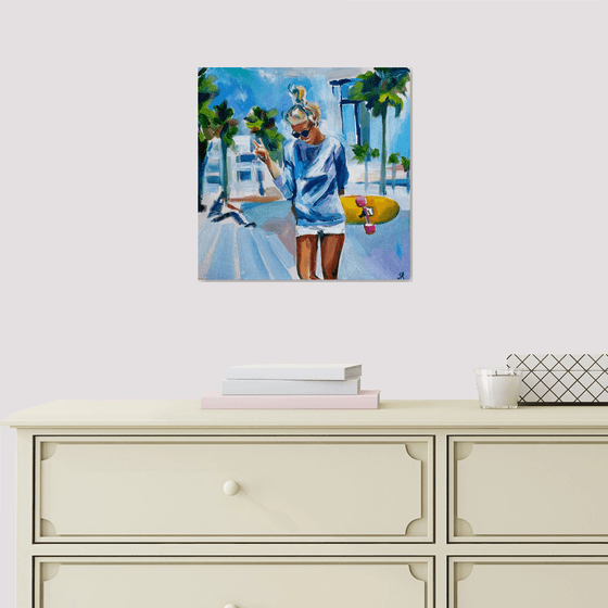 Summer Vibes - oil painting, original gift, summer, palm trees, skate, girl, city, blonde, office decor, home interior, wall art