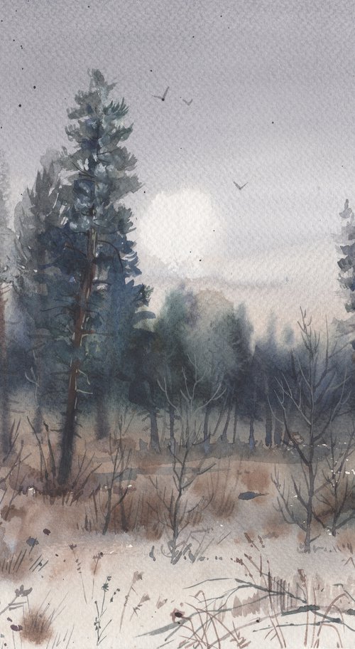 Snow Art Original Watercolor, Winter Landscape painting by Samira Yanushkova