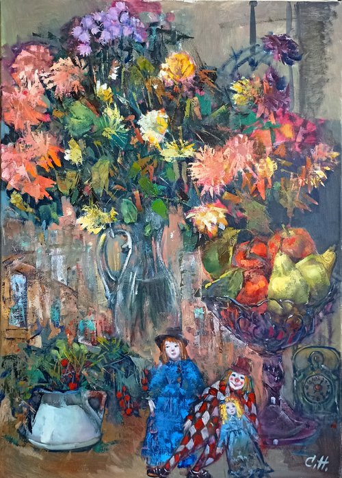Still life with chrysanthemums by Nina Stasiukova