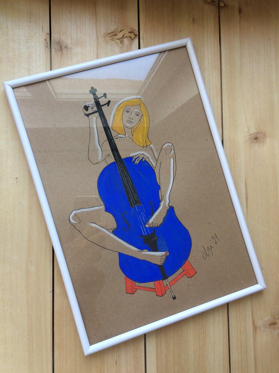 Nude woman portrait with blue cello - Erotic figure study - Sensual gift idea