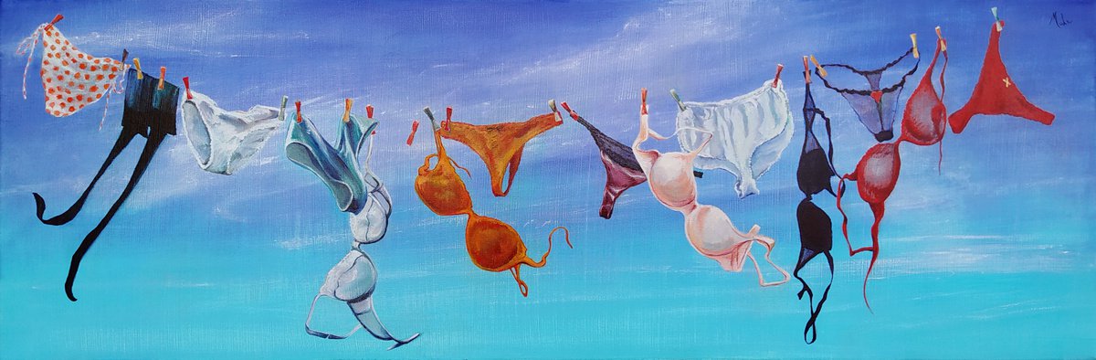 Surrealistic Still Life Oil Painting By Isabel Mahe, 47 X 16, Lingerie - Open Air, Original Artwork