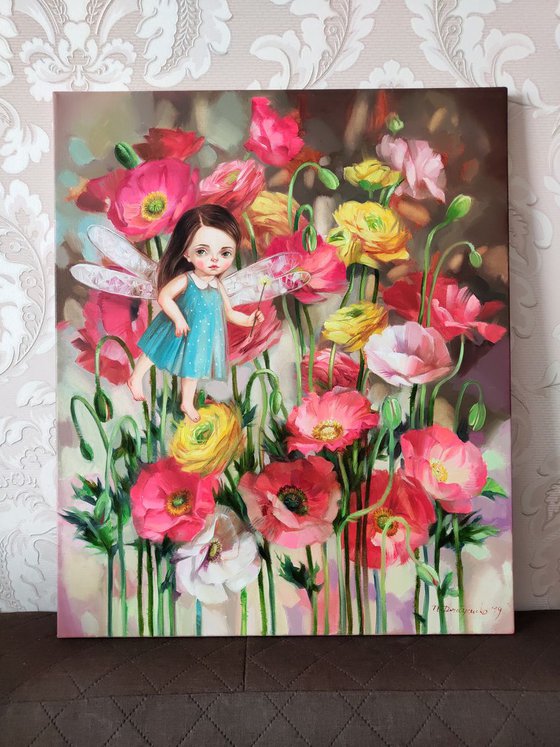 Whimsical flower Fairy canvas painting in oil, Pop surrealism art, Girl art