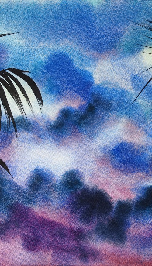 Tropical sunset - original watercolor, sky and palm leaves by Delnara El