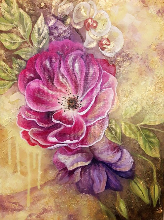 "Smell of rose", flowers painting, floral mixed media art, textured art