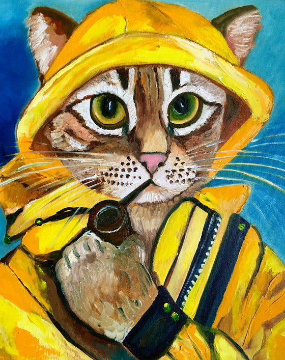 Troy The  Cat, fisherman  oil painting for cat lovers