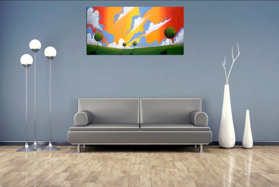 Orange Sky Haven Land landscape countryside original colourful sky abstract painting art canvas