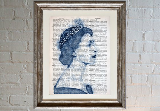 Queen Elizabeth II - Collage Art on Large Real English Dictionary Vintage Book Page