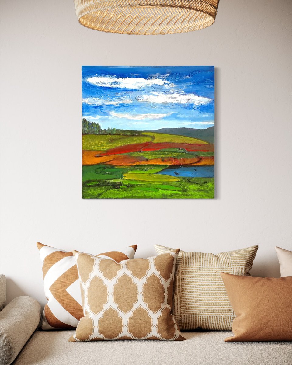 Impressionistic Landscape Acrylic Painting By Km Arts, 28 X 28", Wind Of Change, Original Artwork
