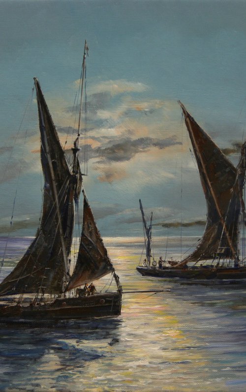 THAMES BARGES IN THE MOONLIGHT by Peter Goodhall