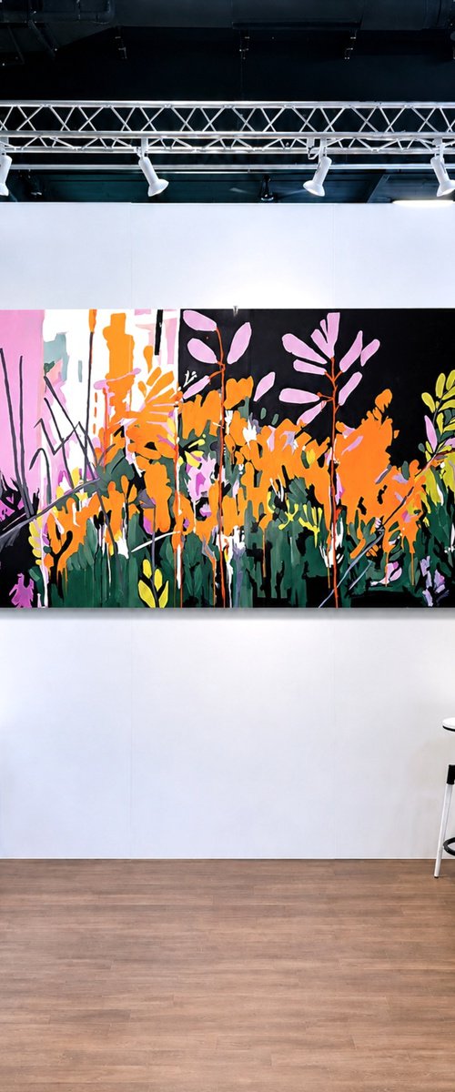After the rain #3, orange pink black painting by V+V Kniazievi
