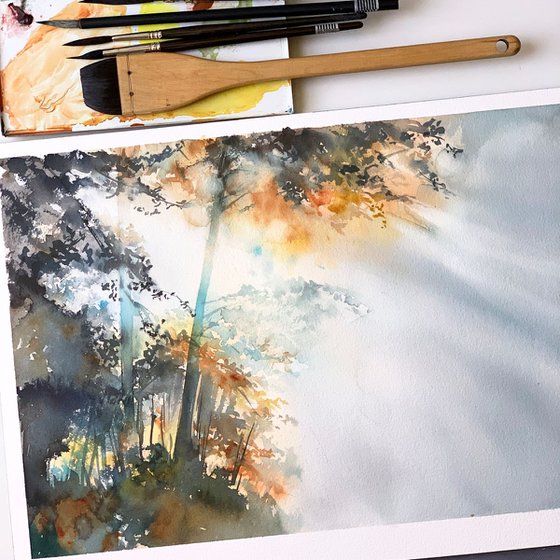 Autumnal forest, Light rays in a Morning fog Watercolor Painting