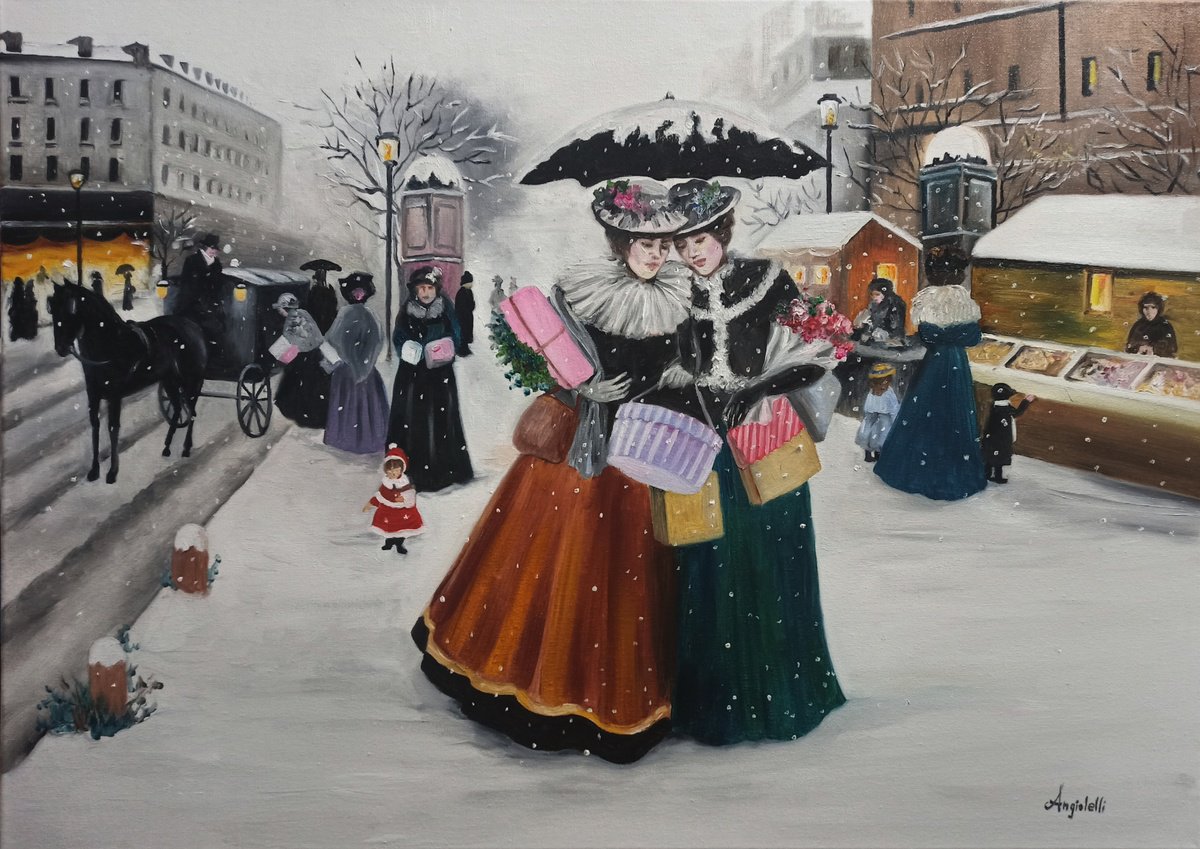 Photorealistic Cityscapes Oil Painting By Anna Rita Angiolelli, 28 X 20, Let It Snow, Original Artwork