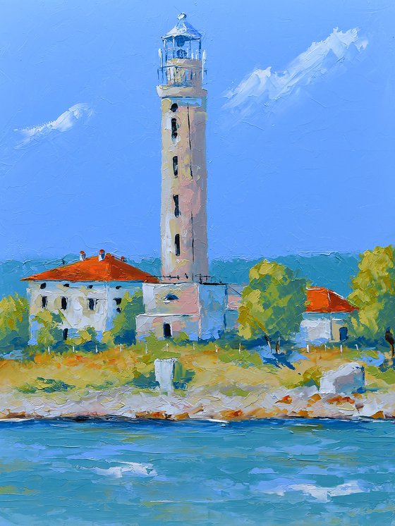 Lighthouse Savudria in Croatia. Adriatic sea coast. Istrian landscape