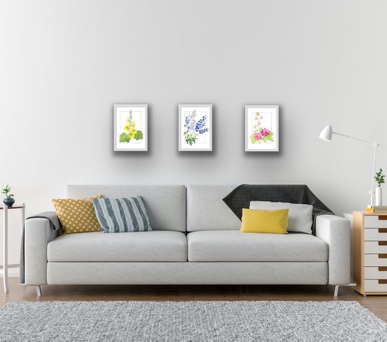 Floral triptych with mallows and bluebells flowers - Mixed media botanical illustration