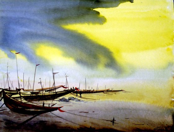 Fishing Boats at Seashore at Monsoon Day-Watercolor on paper