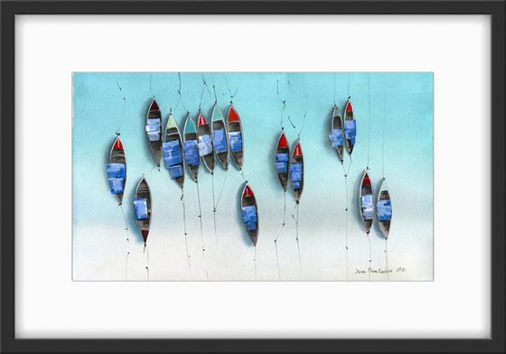 Sailboats at the coast original artwork, bright watercolor painting with boats in top view, blue and turquoise wall art, above bed decor, sea lovers gift