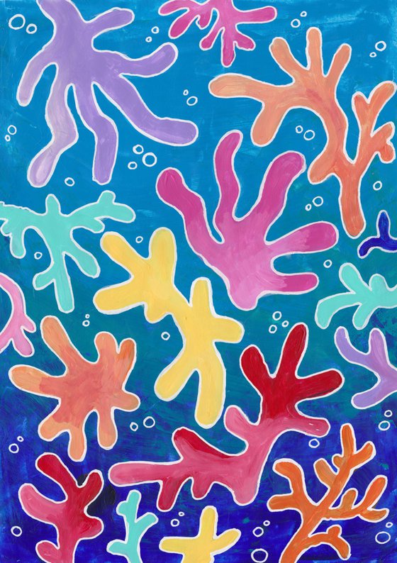"Happy corals 2" acrylic painting on paper, wall art, interior art,  interior design, gift, dream.