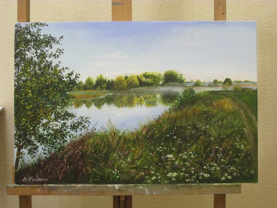 Meadow Landscape Wall Art Original, Hot Summertime Scenery with a River, Fields of Natural Flowers