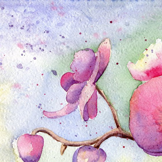 Branch of a blooming orchid. Original watercolor artwork.