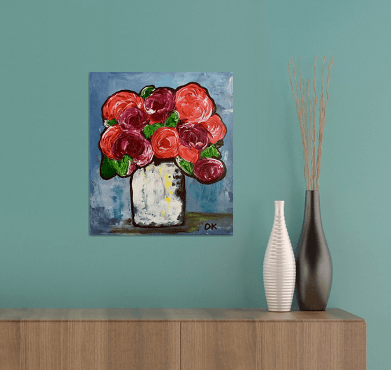 BOUQUET OF Red Bordo  Roses  #11 palette  knife Original Acrylic painting office home decor gift