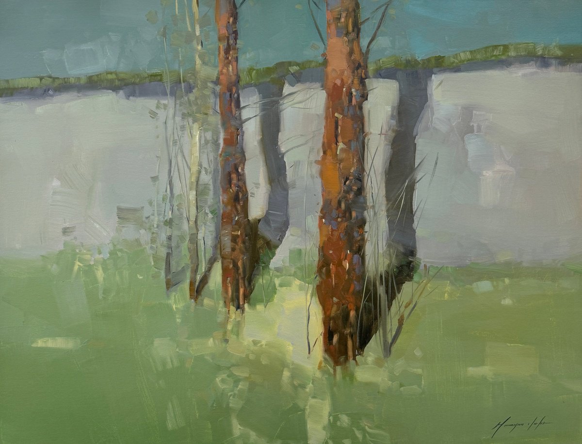 Impressionistic Landscape Oil Painting By Vahe Yeremyan, 34 X 26", Couple, Original Artwork