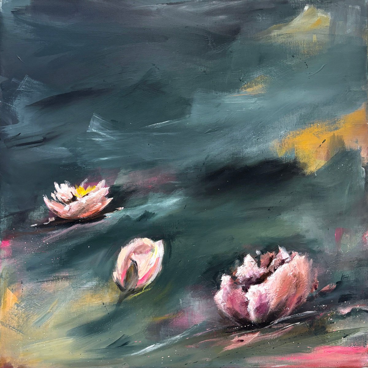 Impressionistic Landscape Acrylic Painting By Lyndsay Tarren-Leister, 24 X 24", Water Lilies, Original Artwork