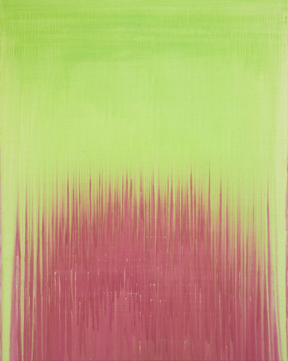 Abstract Acrylic Painting By Simon Findlay, 55 X 69", Lime Arc Over Pink Red, Original Artwork