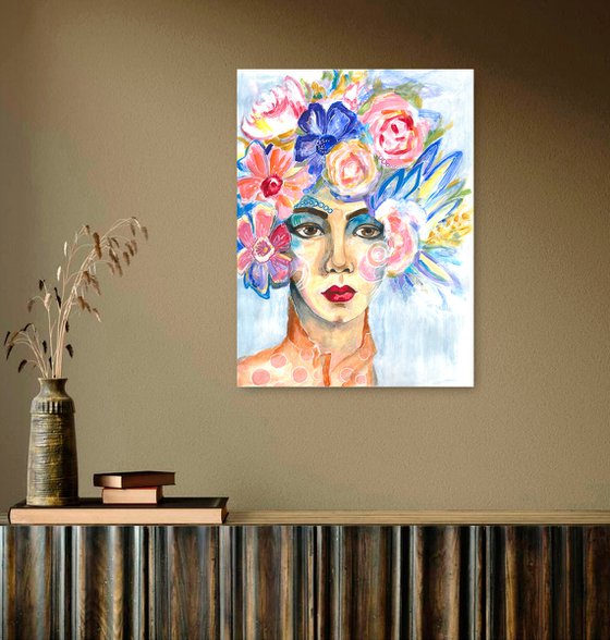 Flower Portrait 4, Floral Portrait Floral Head Woman Painting Modern Bouquet Wall Art