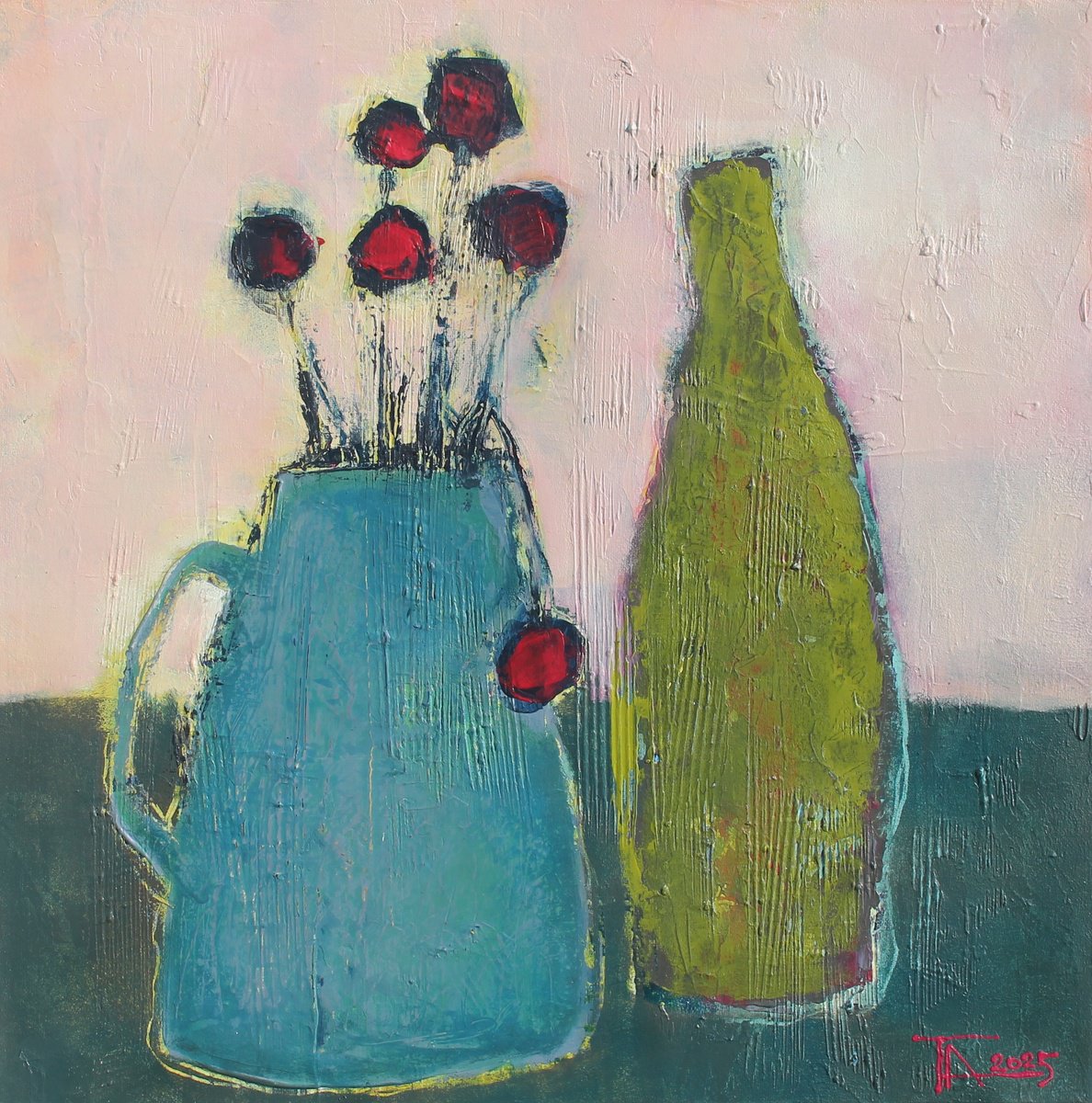 Expressive Still Life Acrylic Painting By Tatjana Auschew, 20 X 20", Still Life With A Green Bottle, Original Artwork