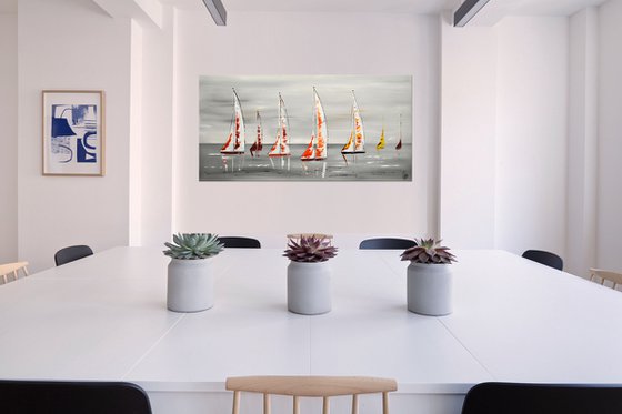 White Sails- Abstract- Colourfull Sailboat Painting- Large Acrylic Art Canvas Wart Art Ready to hang