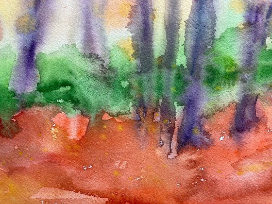 Fall Forest Watercolor Painting, Autumn Landscape Original Artwork, Orange Wall Decor