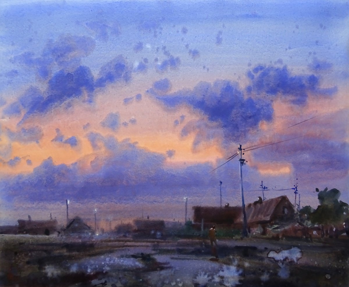Impressionistic Landscape Watercolour By Maksym Kisilov, 23 X 19", "Evening Village", Original Artwork