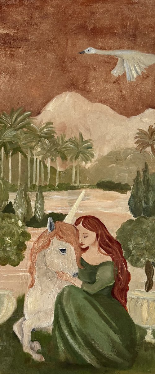 Medieval fantasy tropical garden unicorn by Daniela Nocito