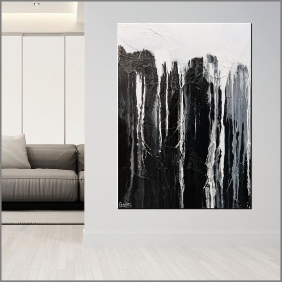 Wild Black Jellyfish 140cm x 100cm Black White Textured Abstract Art