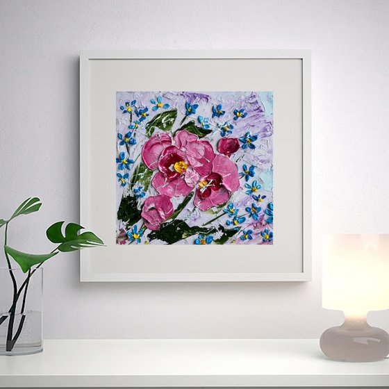 Forget me Nots Peony - original oil impasto painting